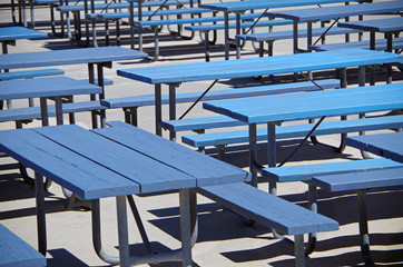 Blue picnic benches 