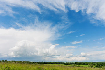 Obraz na płótnie Canvas Countryside natural background. Rural path winds along the field. Cloudscape in sunny day. Russia.