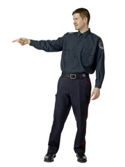 handsome policeman pointing to the side