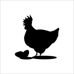Black Silhouette of hen  and eggs on a white background