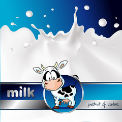 blue design with cow and milk splash - vector illustration