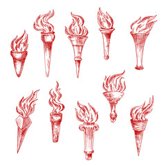 Handheld and wall red flaming torches sketch icons