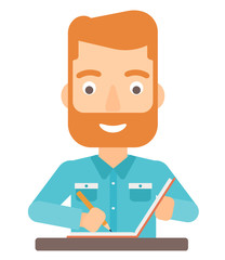 Reporter writing an article.