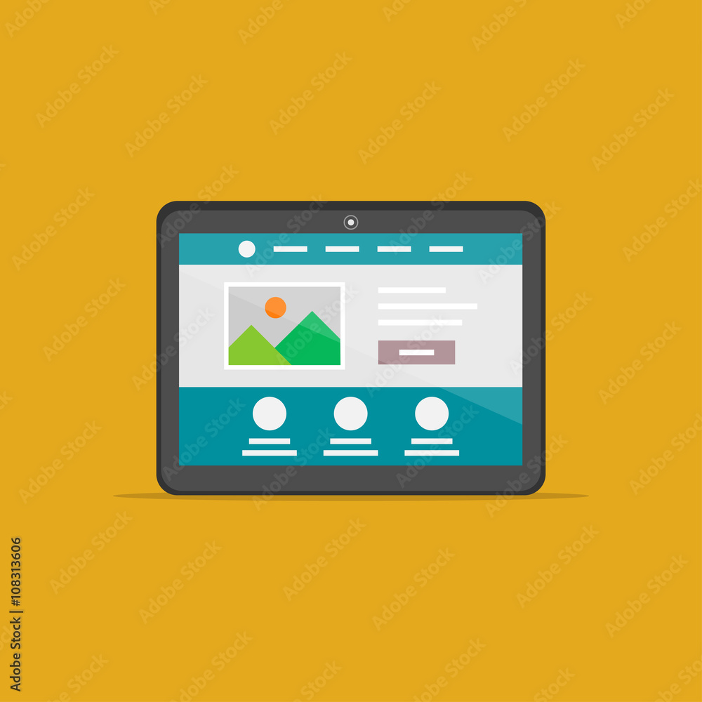 Poster landing page tablet isolated vector illustration. responsive (adaptive) web design technology creati