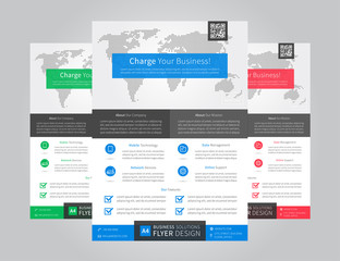Bsuiness leaflet (flyer, booklet) layout vector design with world map. A4 size template page with sample text, icons, decorative elements and 3 colors (blue, red, green), ready to print.
