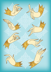 Outlines set of hands on pattern background