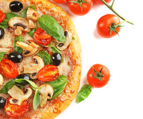 Delicious tasty pizza with vegetables, isolated on white