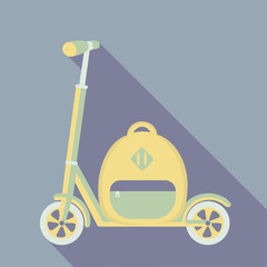 Vector illustration with push scooter and a backpack with a long shadows on a simple background