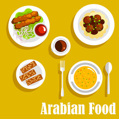 Arabian dishes with kebab, falafels, halva icon