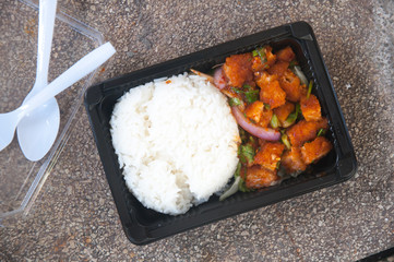 spicy salmon salad and rice in box lunch
