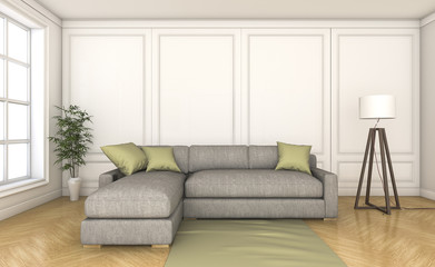 3d rendering nice wood floor with grey sofa