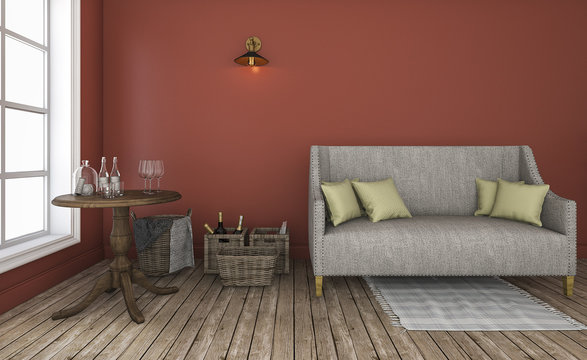 3d rendering red wall living room with good characteristic furniture