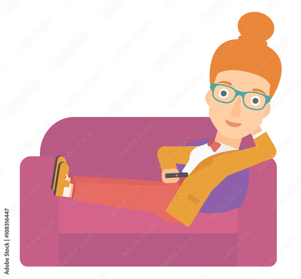 Poster woman sitting on the couch with remote control.