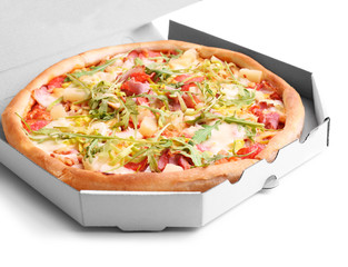 Fresh pizza in carton box  closeup