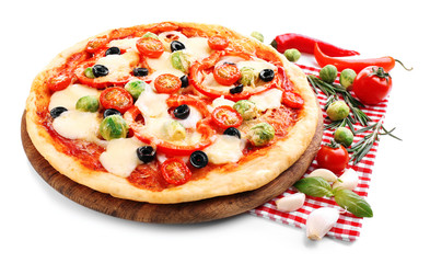 Delicious pizza with cheese and vegetables isolated on white