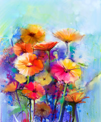 Abstract floral watercolor painting. Hand paint White, Yellow, Pink and Red color of daisy- gerbera flowers in soft color on blue- green color background.Spring flower seasonal nature background