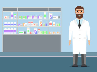 Pharmacist standing near shelves with medications