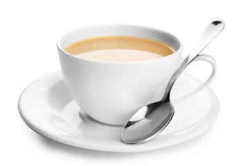 Porcelain cup of tea with milk isolated on white background