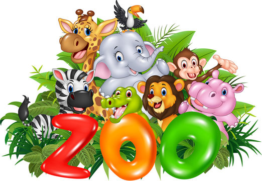 Word zoo with cartoon wild animal