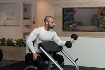 Young Bodybuilder Exercising Biceps With Dumbbells