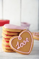 Valentine heart cookies on wooden background