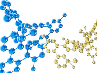 blue and gold molecule structures on white background