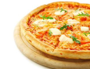 Margherita pizza with fresh arugula, isolated on white