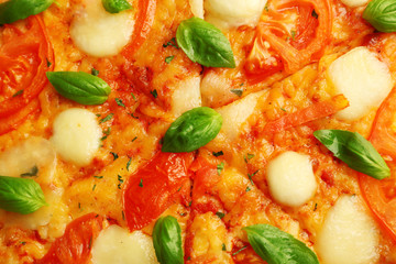 Margherita pizza with fresh basil, close up