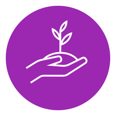 Hands holding seedling in soil line icon.