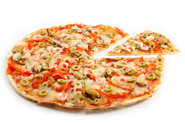 Sliced pizza with seafood, red pepper and green olives, isolated on white