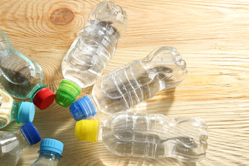 Bottles of water on the wooden table