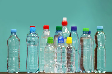 Bottles of water on the blue background.