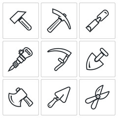 Vector Set of Work Tools Icons. Repair, Mine, Craft, Roadwork, Haying, Digging, Cutting, Construction, Gardening.