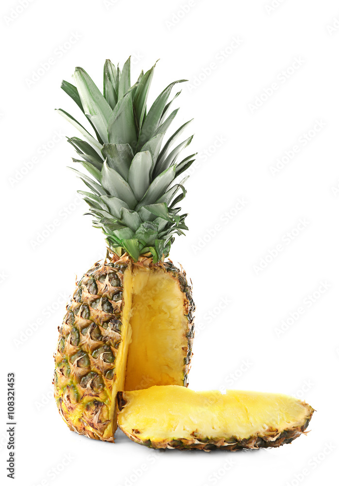 Sticker Sliced ripe pineapple, isolated on white