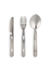 Travel set of knife, fork, spoon on a white background