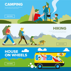 Banners of hiking and family adventure. Weekend journey. Vector illustration. Activity life. Outdoor leisure. House on wheels.