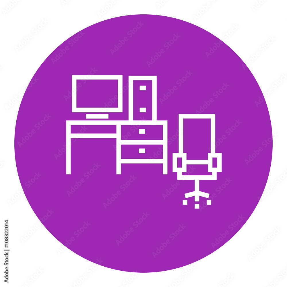 Poster computer set with table and chair line icon.