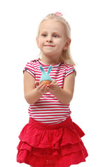 Little girl holding Easter egg in her hands isolated on white
