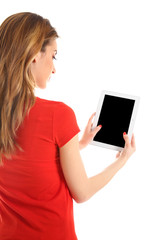 Young woman in red tee-shirt using tablet, isolated on white