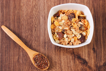 Portion of muesli and linseed, concept of healthy nutrition and increase metabolism