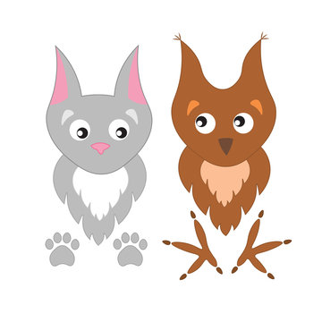 Cute cartoon owl and cat . Adorable owl and cat,  paw prints and claws.