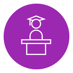 Graduate standing near tribune line icon.