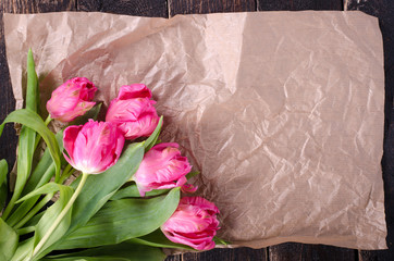 Beautiful pink tulips in paper on vintage paper. Free space for your text.
