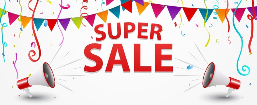 Sale banner design with megaphone, confetti and ribbon