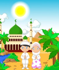 funny two muslim in front of moque landscape background