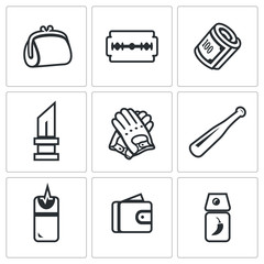 Vector Set of Street Crime Icons. Theft, Tool, Money, Threat, Extortion, Weapon, Attack, Pickpocket, Defense,
