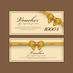 Gift discount voucher template, vector layout. Special offer coupon. Business voucher layout with gift bow gold. Vintage style.