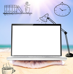 mobile office, modern laptop with blank screen on beach