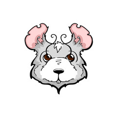 Illustration of full-face portrait mouse or rat gray with pink ears, brown eyes and a white muzzle in a cartoon style with bright black stroke. Color vector image.