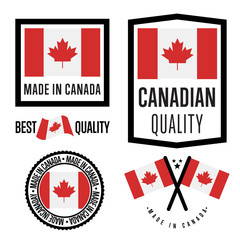 Obraz na płótnie Canvas Made in Canada label set. Vector Canada flag. Symbol of quality. Manufacturing by Canada. Tags and sticker collection. Vintage and modern stamp. 